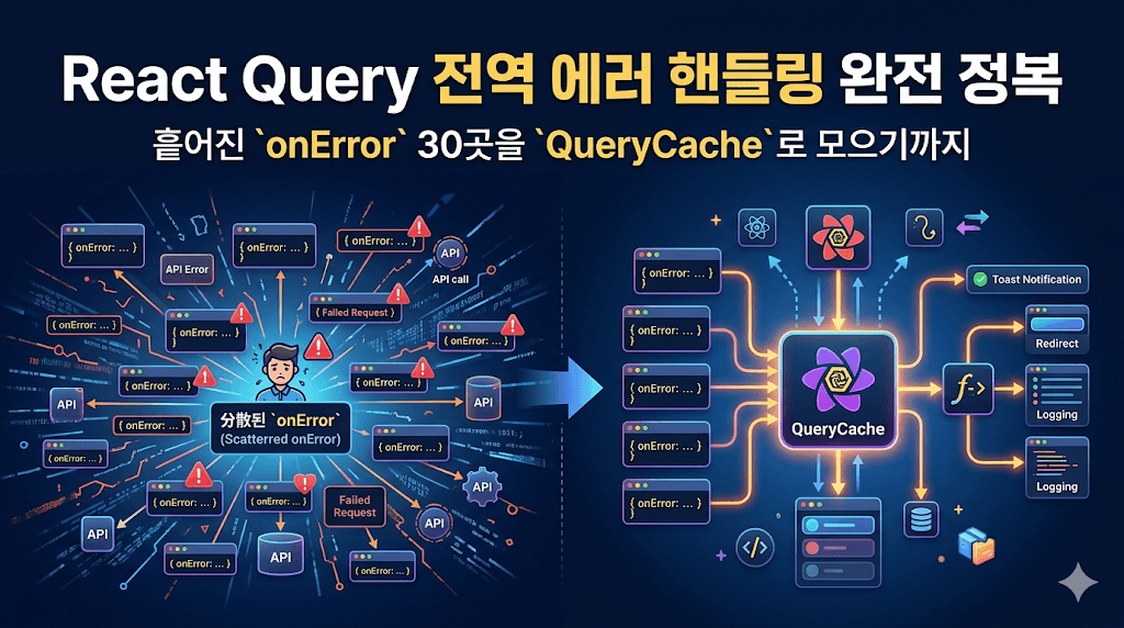 React Query 전역 에러 핸들링 완전 정복 — 흩어진 onError 30곳을 QueryCache로 모으기까지